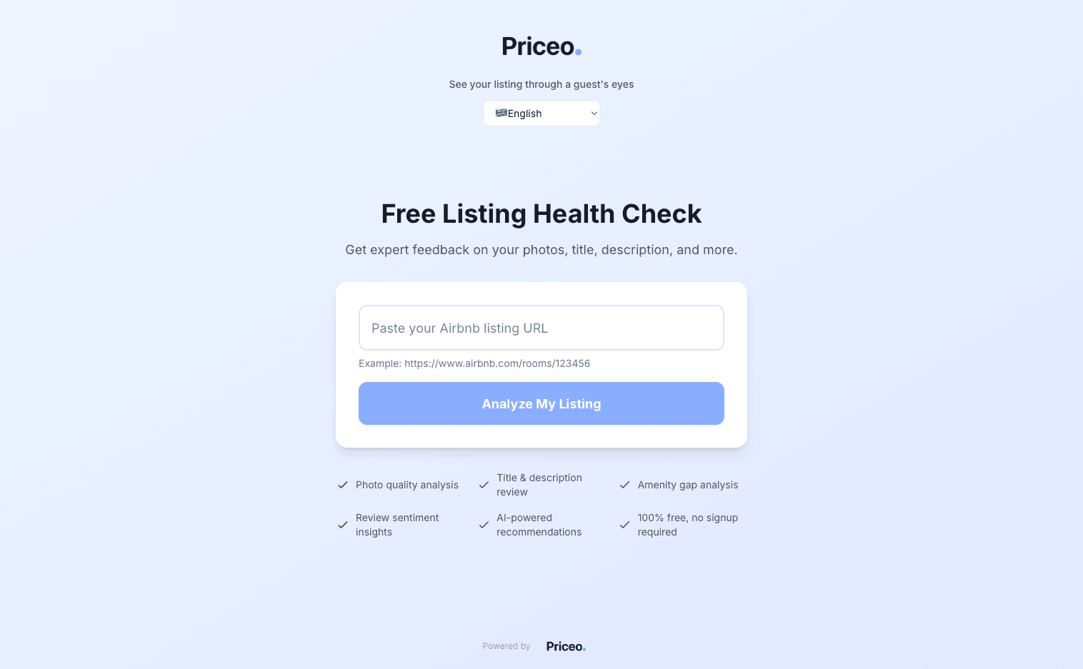 Priceo listing analyzer homepage showing the free listing health check tool