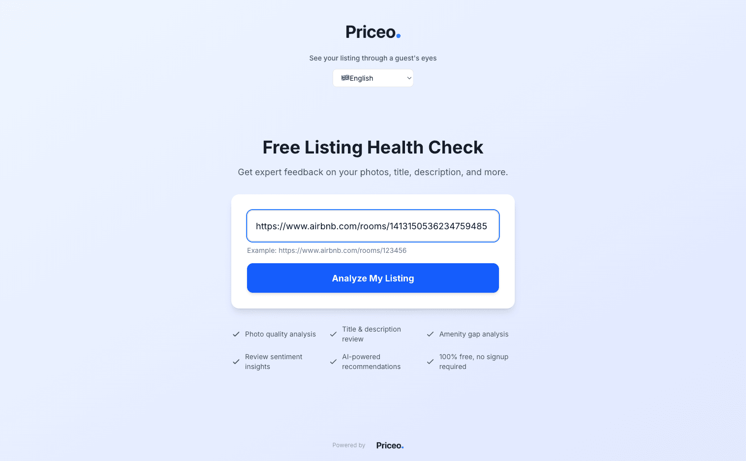 Entering an Airbnb listing URL into the Priceo analyzer