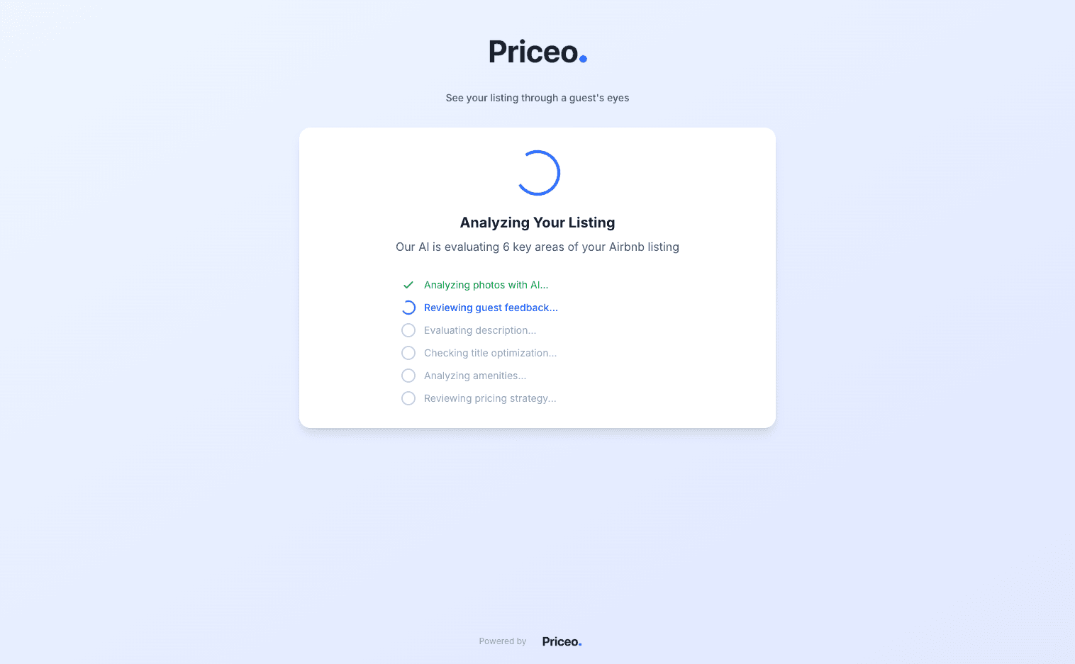 Priceo AI analyzing an Airbnb listing across 6 categories