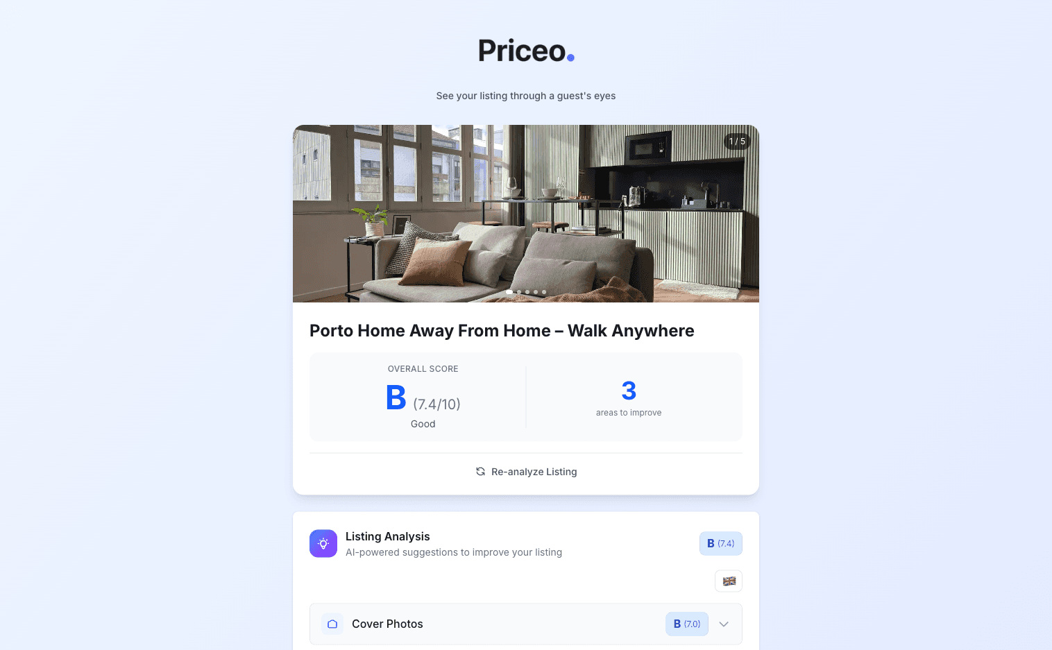 Priceo listing analysis results showing overall score and category grades